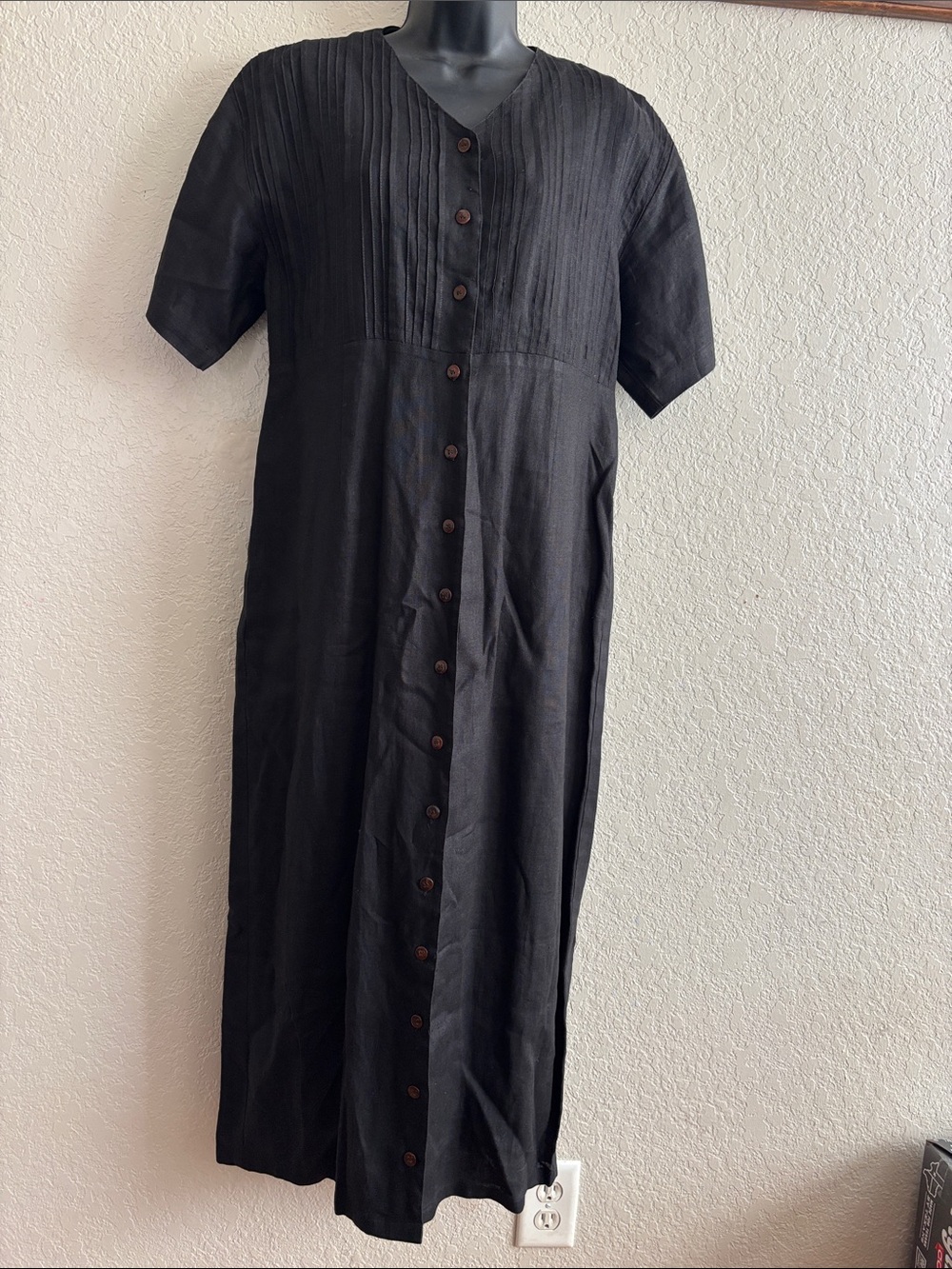Black Button-Front Short Sleeve Midi Dress